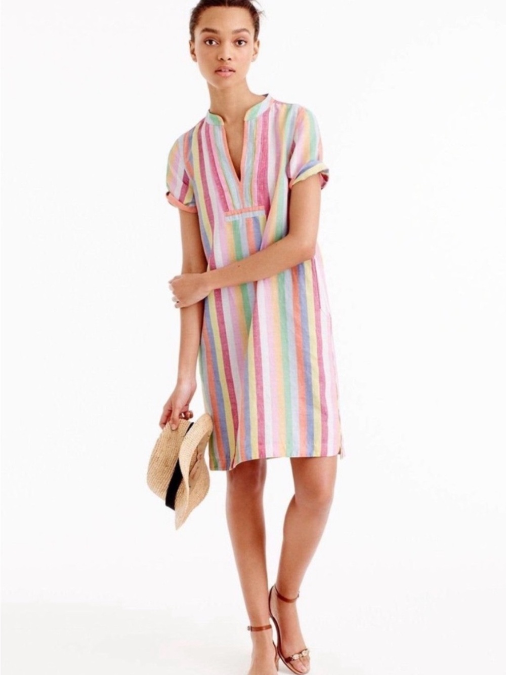 J. Crew Linen Rainbow Stripe Short Sleeve Tunic Dress - Size Small